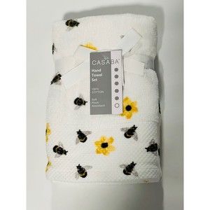 🐝 🌻 Casaba 2 Pc Set Bumble Bee Sunflowers Cotton Bath Hand Towel New